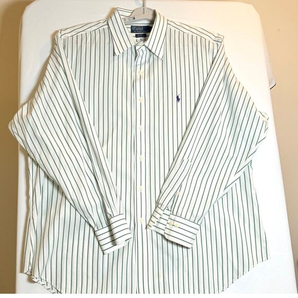Polo Ralph Lauren Andrew Green White Striped Button Down Shirt Size 17.5/34-35 - Picture 1 of 7